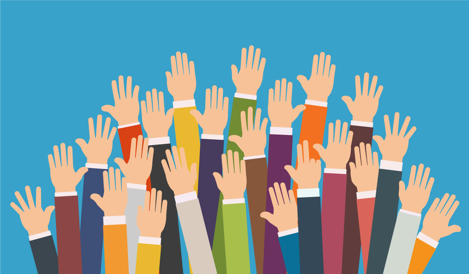 Illustration of several hands raised in the air.