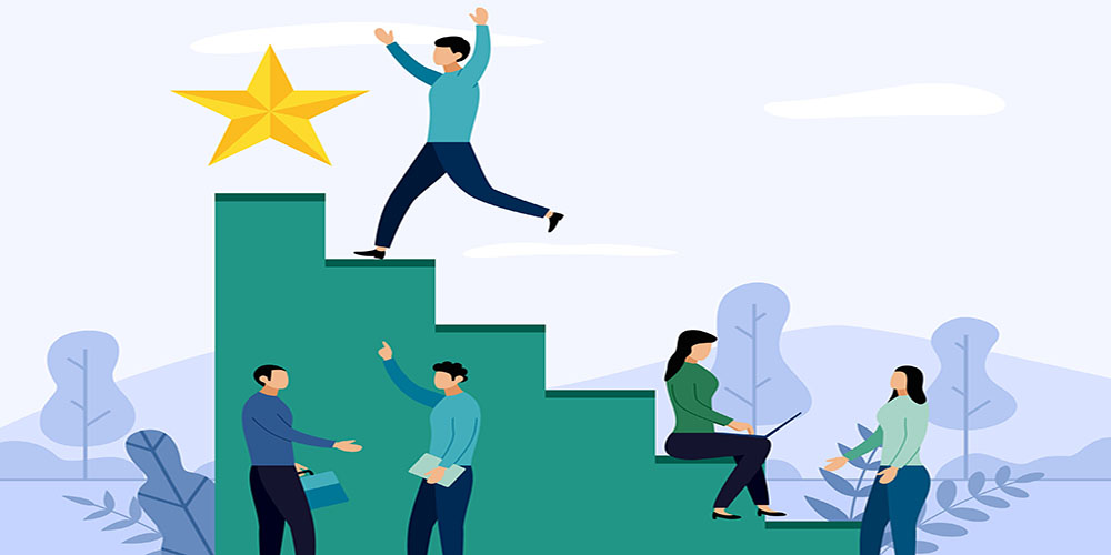 Animated graphic of man running up green staircase towards yellow star