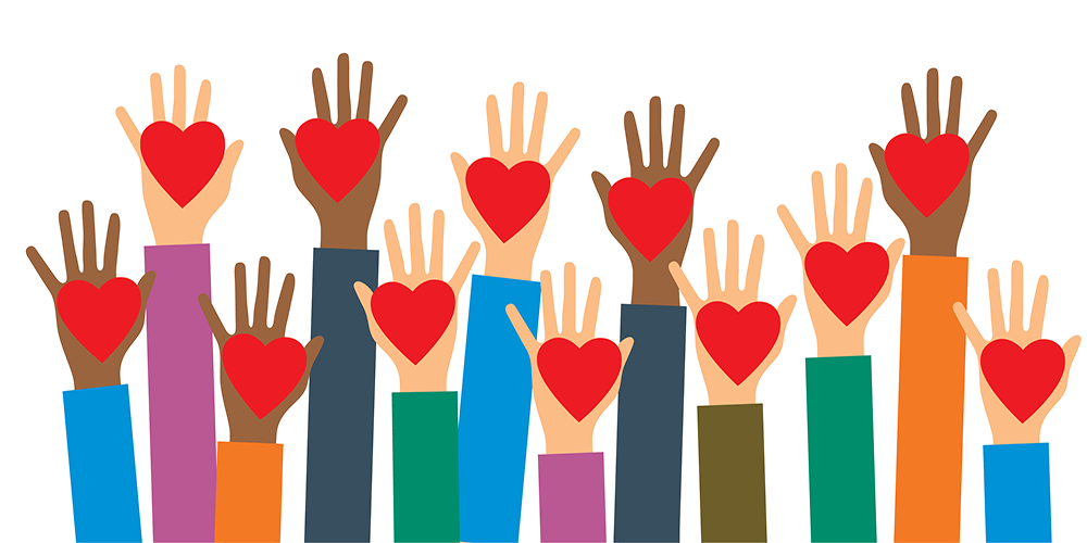 Raised hands holding hearts to represent customer affinity