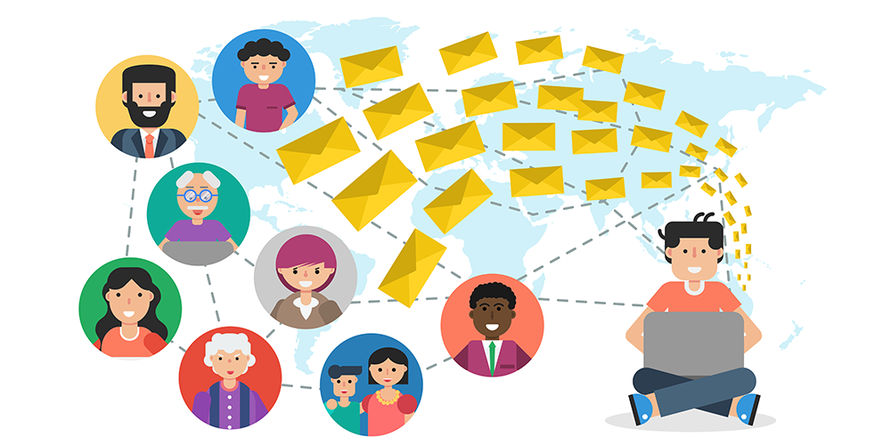 Image of mail and email being sent across the globe